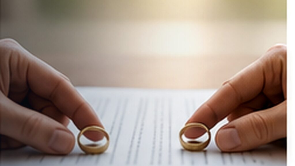 Two wedding rings resting on divorce papers — divorce attorneys in White Plains and Garden City, NY