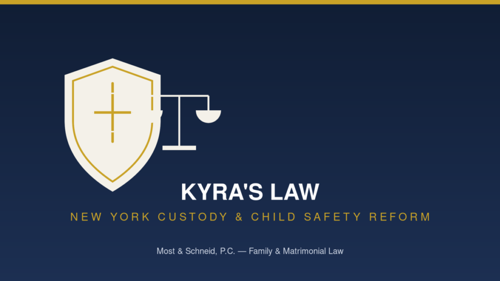 Shield and scales of justice symbolizing Kyra's Law, New York's proposed custody safety bill requiring domestic violence screening before custody orders