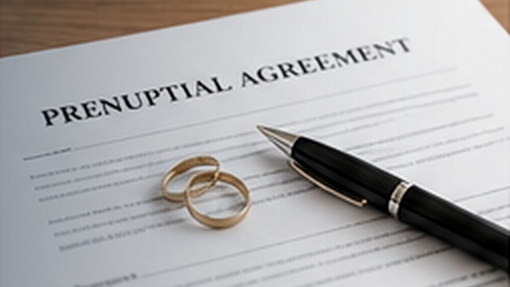 Prenuptial agreement document with wedding rings and pen — prenup and postnup lawyers in Westchester, NY
