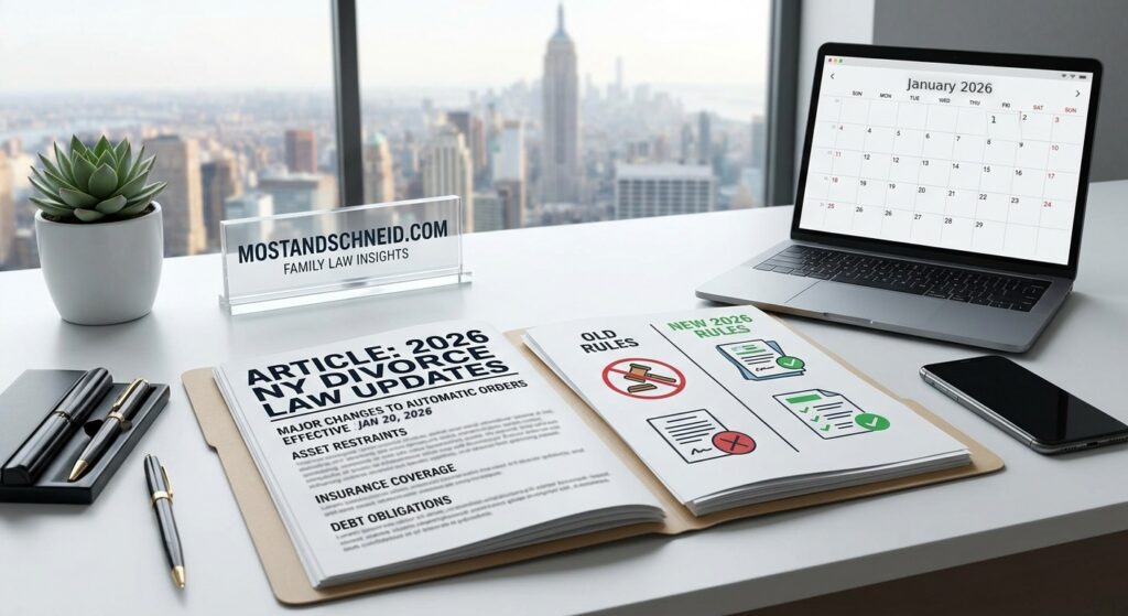 Desk with a New York skyline behind it, holding a folder of printed pages headed “2026 NY Divorce Law Updates,” a laptop showing a January 2026 calendar, and a nameplate reading mostandschneid.com Family Law Insights.